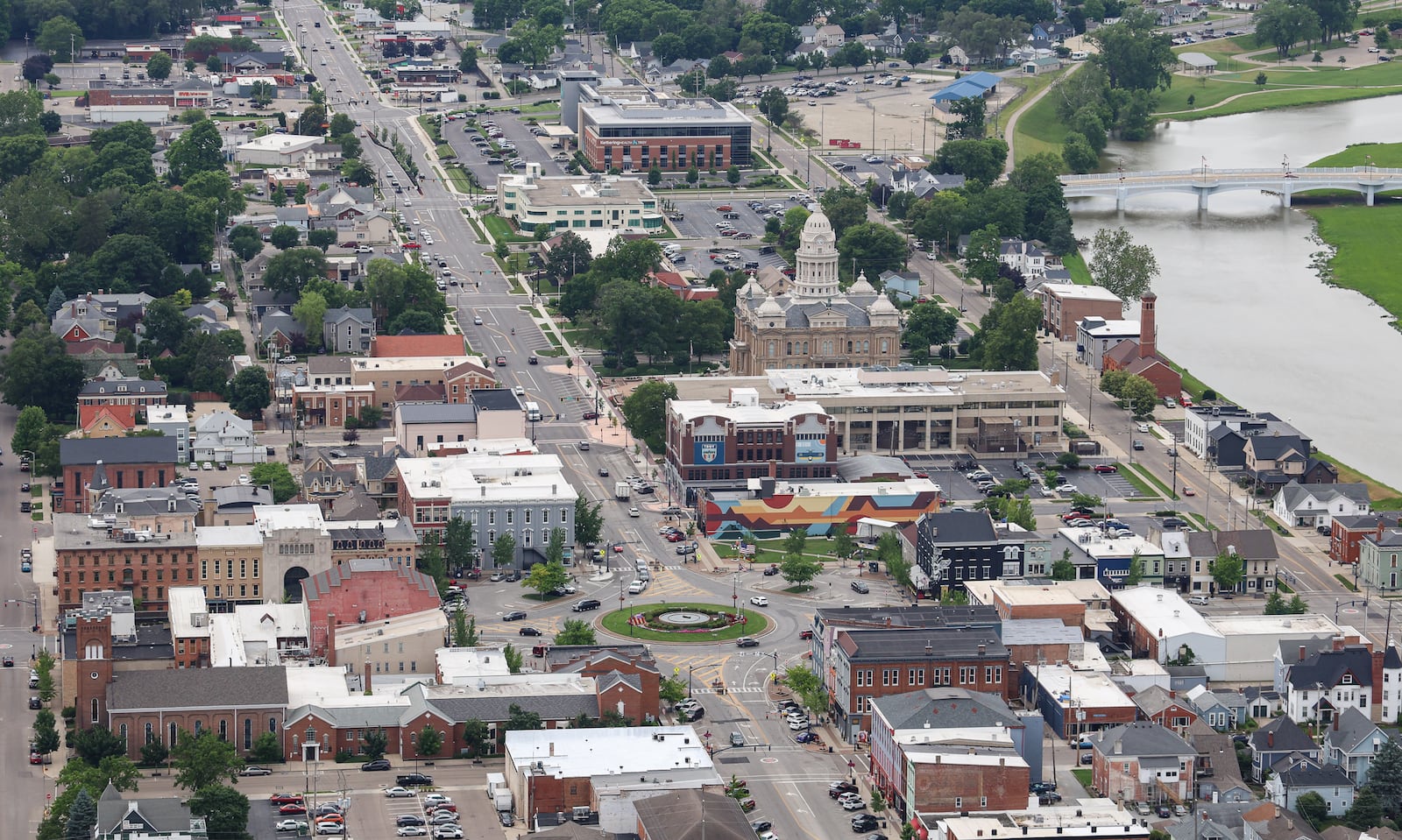 A view of downtown Troy looking west on Main Street during a ride in the Goodyear Blimp on Friday, June 20. BRYANT BILLING / STAFF