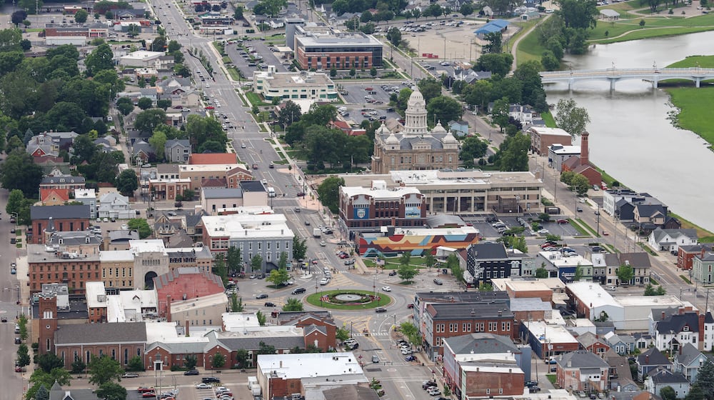 A view of downtown Troy looking west on Main Street during a ride in the Goodyear Blimp on Friday, June 20. BRYANT BILLING / STAFF