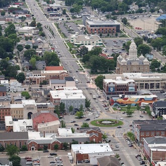 A view of downtown Troy looking west on Main Street during a ride in the Goodyear Blimp on Friday, June 20. BRYANT BILLING / STAFF