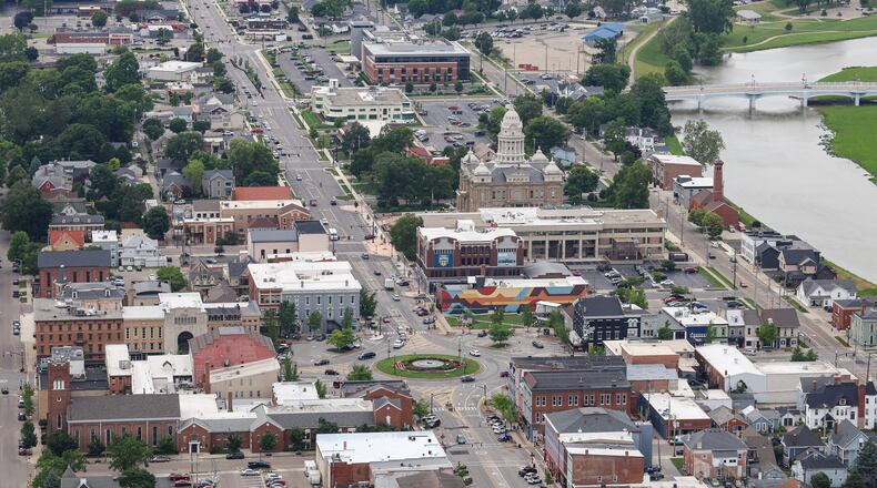 A view of downtown Troy looking west on Main Street during a ride in the Goodyear Blimp on Friday, June 20. BRYANT BILLING / STAFF