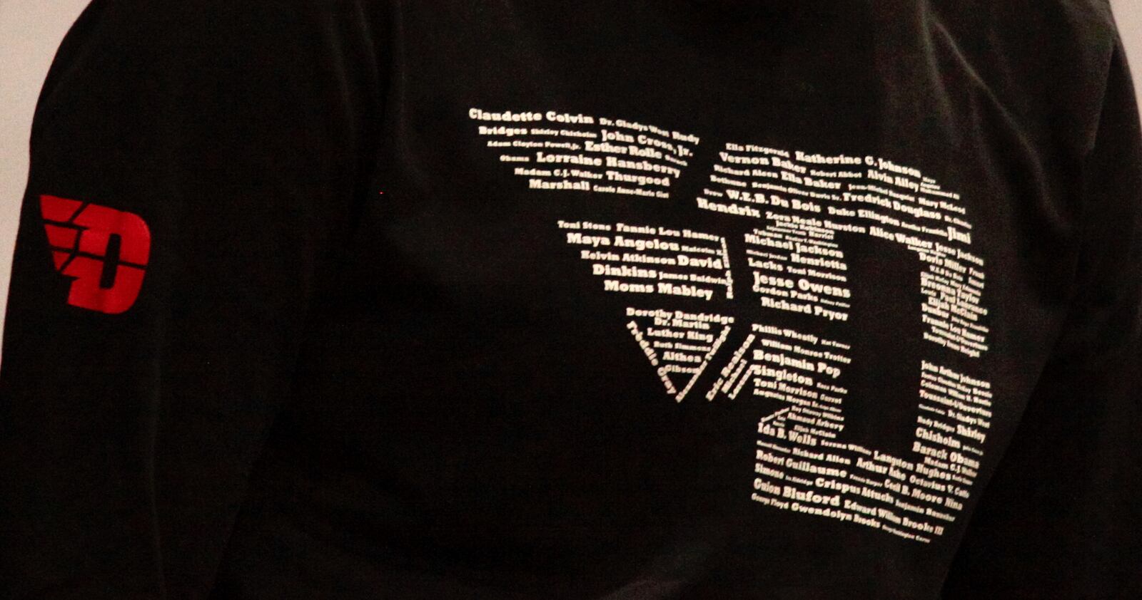 A close-up of the front of the Black Lives Matters shirts worn by the Dayton women's basketball on Feb. 20, 2021, at UD Arena. David Jablonski/Staff
