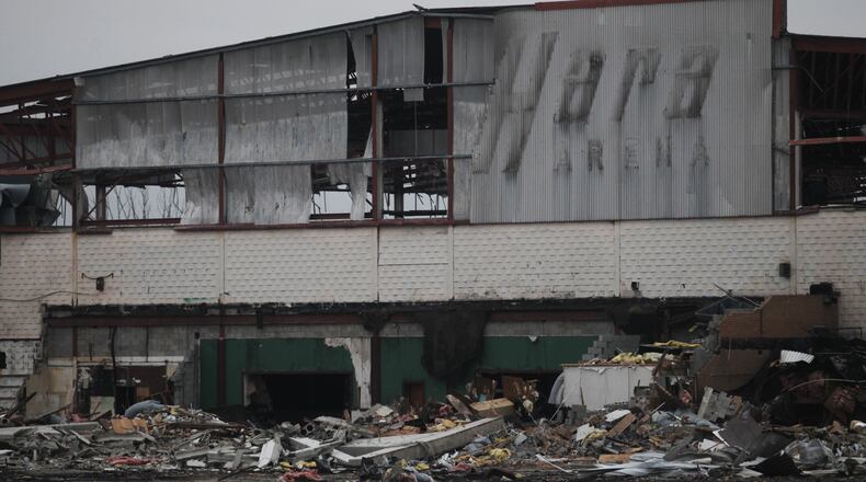 Demolition of the former Hara Arena complex is ongoing as Tax Redevelopment LLC of Cincinnati clears the site for redevelopment. Cory Heitz, one of the owner partners, said the land will soon be placed on the market with Colliers International handling the effort. The land is in Trotwood and Harrison Twp. and should be cleared within two or three months. JIM NOELKER/STAFF