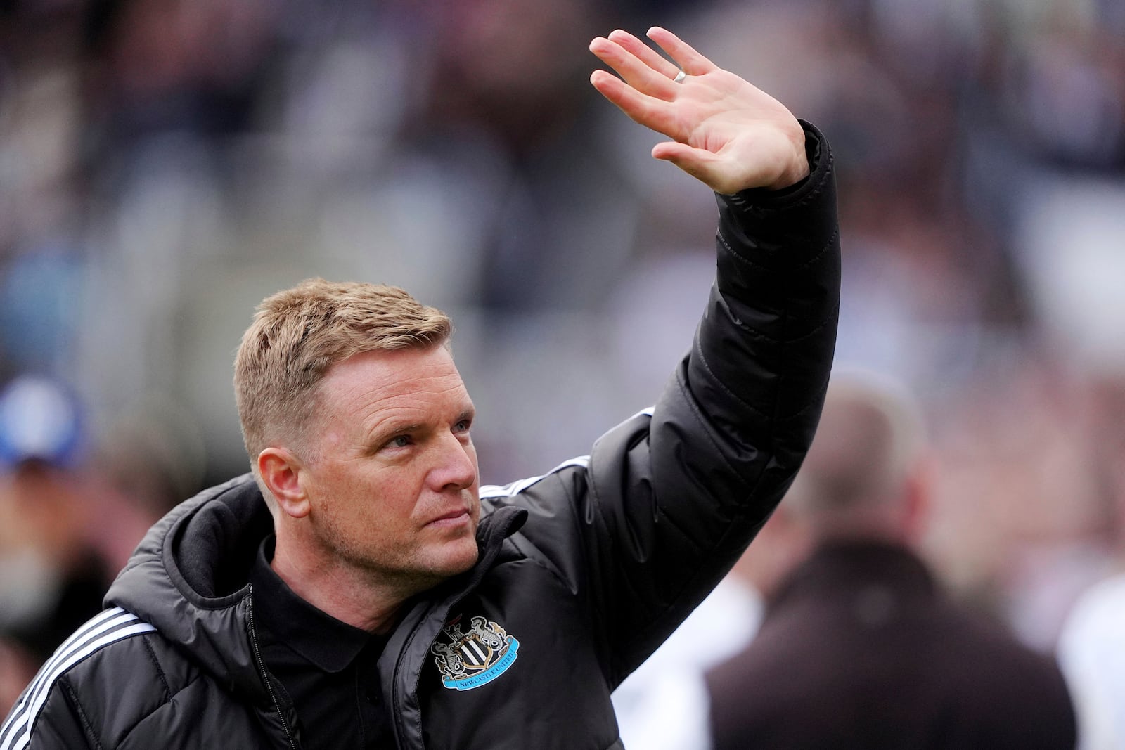 Newcastle United manager Eddie Howe gestures before the English Premier League soccer match between Newcastle United and Everton at St. James' Park, Newcastle, England, Sunday, May 25, 2025. (Owen Humphreys/PA via AP)