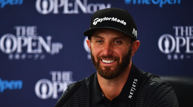 SOUTHPORT, ENGLAND - JULY 19: Dustin Johnson of the United States speaks to the media during a press conference prior to the 146th Open Championship at Royal Birkdale on July 19, 2017 in Southport, England. (Photo by Dan Mullan/Getty Images)