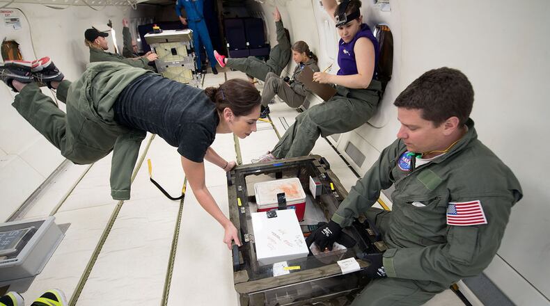 Researchers gather data for their foam experiment during a parabolic flight in 2015. Join Scott Rhoades, chief nursing officer from the Center for Aerospace Nursing Excellence, Sept. 24 at the National Museum of the U.S. Air Force as he makes two special presentations describing his experience with freefall aboard a parabolic flight, such as those used to train astronauts. The first presentation will begin at 11 a.m. and will repeat at 1:30 p.m. (NASA photo/James Blair)