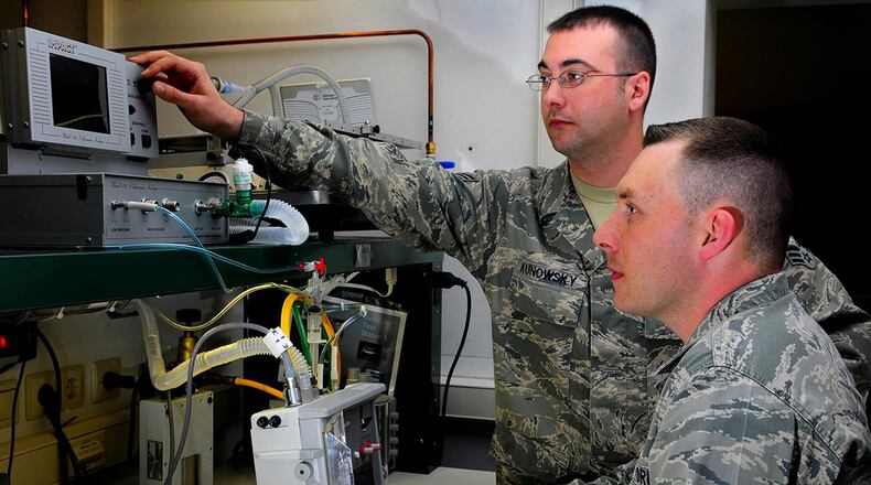 Senior Airman Eric Rinehart and Senior Airman Scott Kunowsky, 86th Medical Support Squadron, calibrate a 754M Uni-Vent ventilator, Ramstein Air Base, Germany, March 28. The device generates oxygen to support patients who require assisted ventilation. (U.S. Air Force photo/Airman 1st Class Brea Miller)