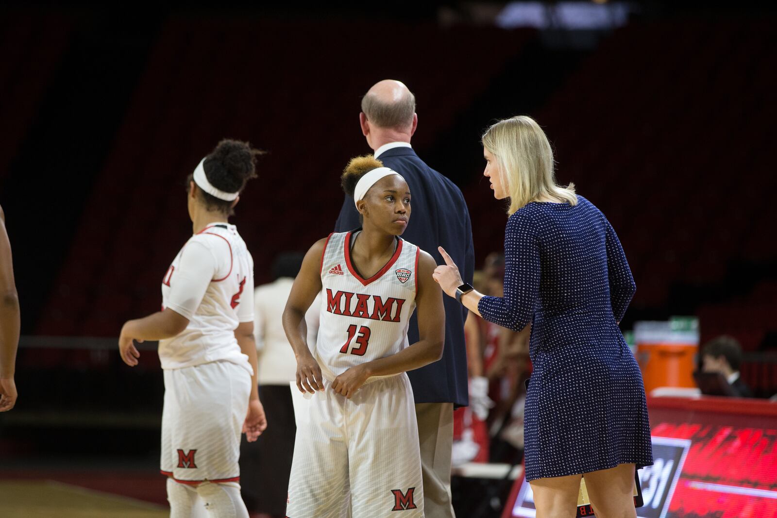 Miami coach Megan Duffy talks to point guard Lauren Dickerson during a recent game. Miami University photo