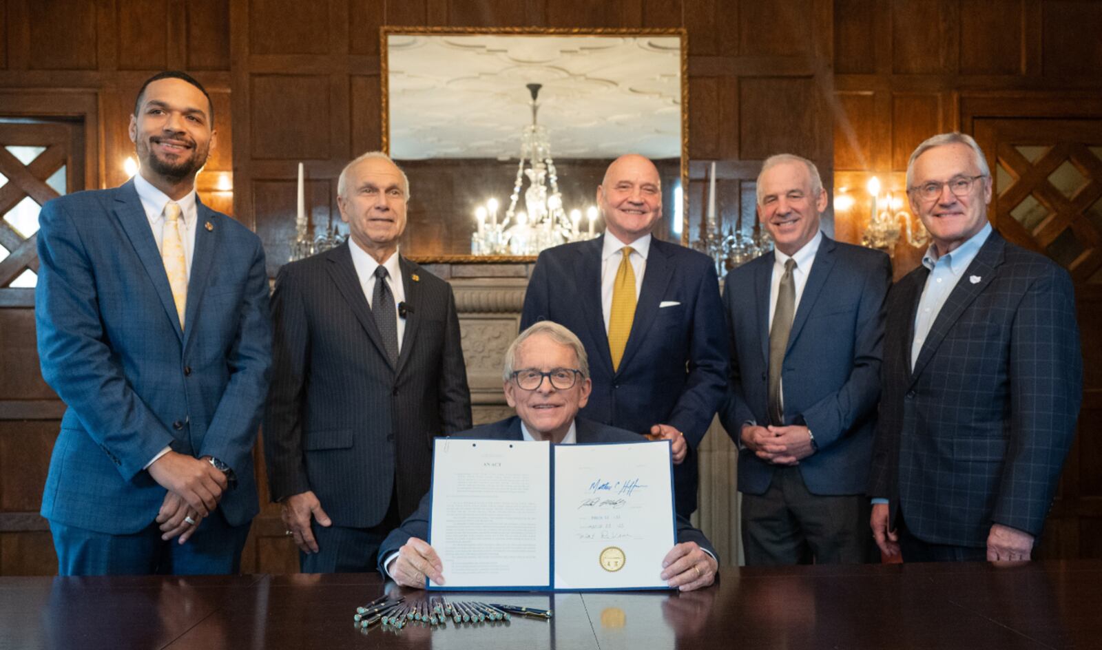 Ohio Republican leaders mark the signing of Senate Bill 1 on Friday, March 28, 2025, to ban diversity, equity and inclusion programs from Ohio public colleges. From left are State Rep. Josh Williams, State Sen. Jerry Cirino, Governor Mike DeWine, State Rep. Tom Young, House Speaker Matt Huffman and Lt. Governor Jim Tressel. CONTRIBUTED PHOTO