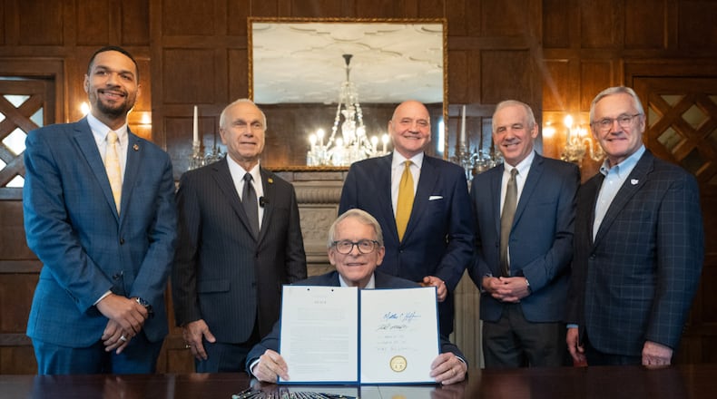 Ohio Republican leaders mark the signing of Senate Bill 1 on Friday, March 28, 2025, to ban diversity, equity and inclusion programs from Ohio public colleges. From left are State Rep. Josh Williams, State Sen. Jerry Cirino, Governor Mike DeWine, State Rep. Tom Young, House Speaker Matt Huffman and Lt. Governor Jim Tressel. CONTRIBUTED PHOTO