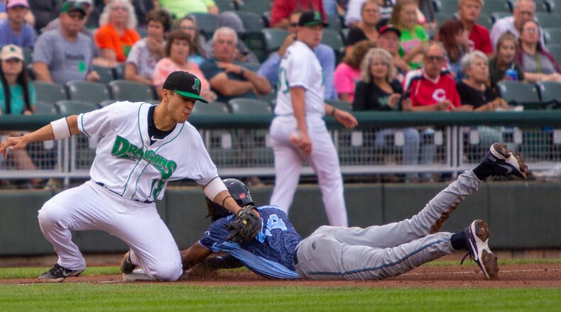 Dragons third baseman Victor Ruiz is late with the tag as West Michigan's Eric De La Rosa steals third right after stealing second. He scored the Whitecaps' first run during Friday night's game at Day Air Ballpark. Jeff Gilbert/CONTRIBUTED