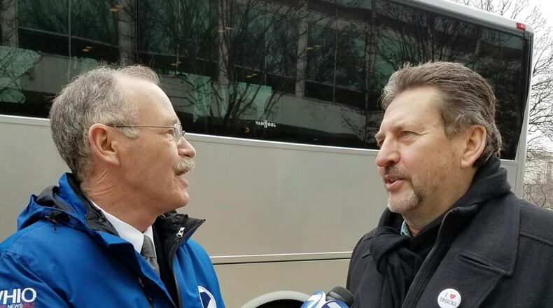 WHIO-TV reporter Jim Otte interviews Kevin Burch, president of Jet Express in Dayton and the American Trucking Association. Otte will be inducted into the Dayton Area Broadcasters Hall of Fame in September. CONTRIBUTED