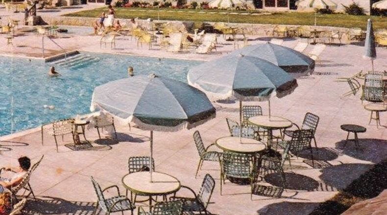 The pool area and rear of the Hueston Woods Lodge is shown in this undated photo from a lodge brochure provided by the Smith Library of Regional History. CONTRIBUTED