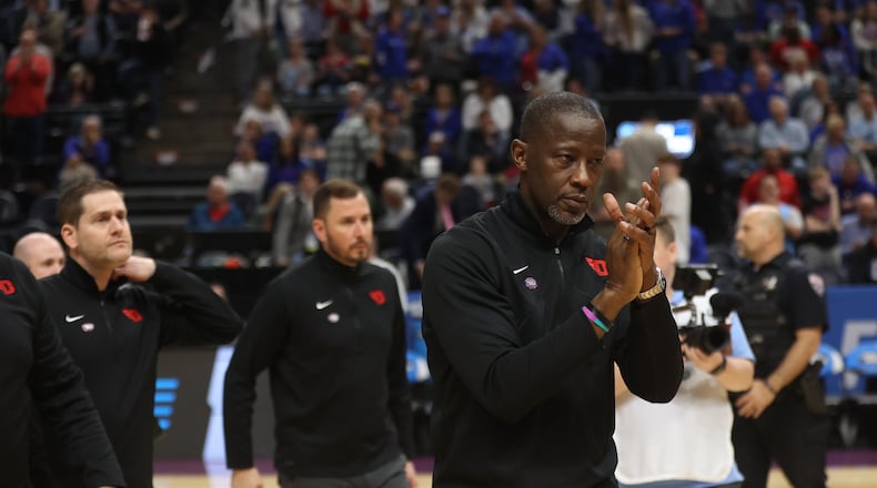Dayton's Anthony Grant leaves the court after a loss to Arizona in the second round of the NCAA tournament on Saturday, March 23, 2024, at the Delta Center in Salt Lake City, Utah. David Jablonski/Staff