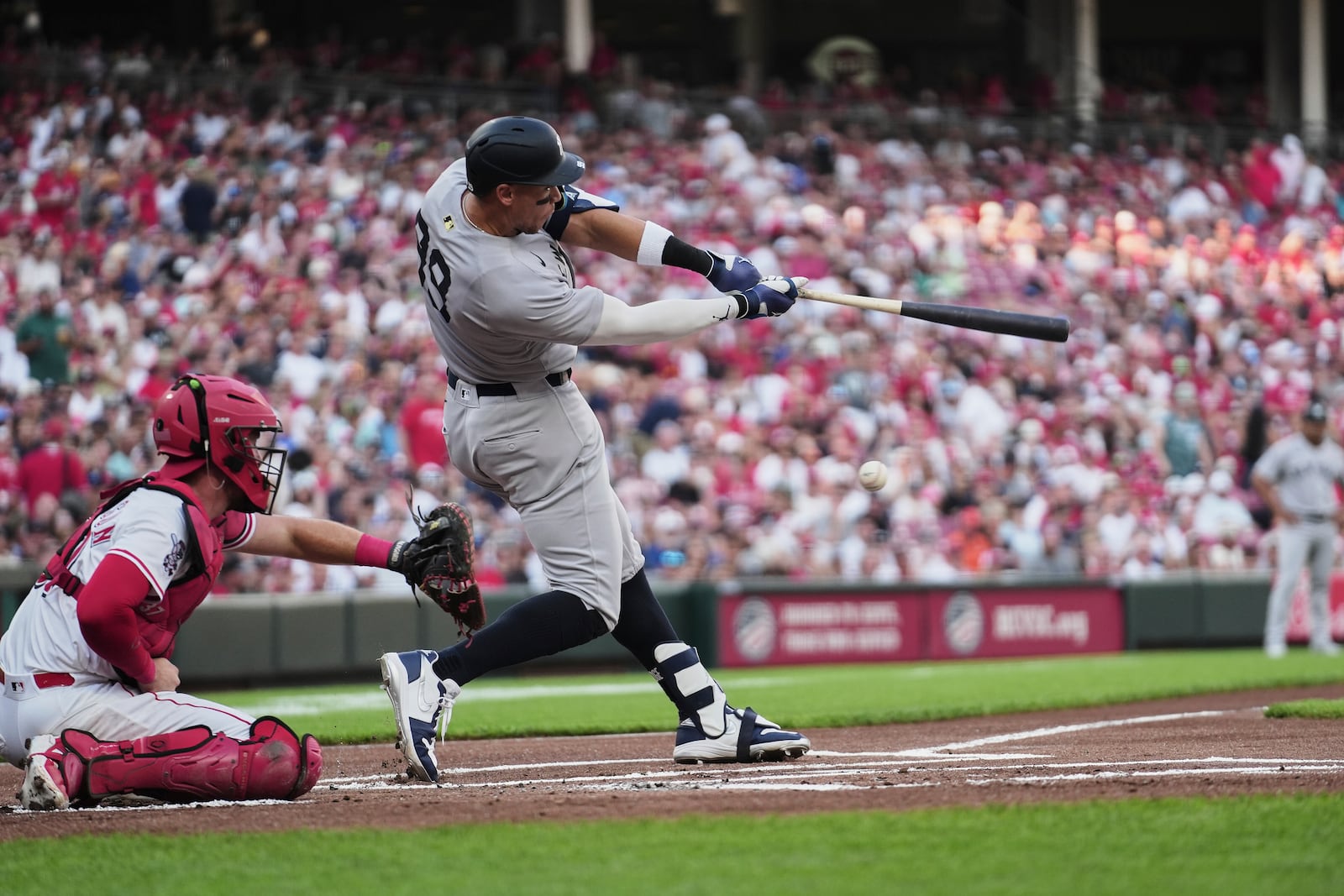 New York Yankees' Aaron Judge strikes out during the first inning of a baseball game against the Cincinnati Reds, Tuesday, June 24, 2025, in Cincinnati. (AP Photo/Joshua A. Bickel)