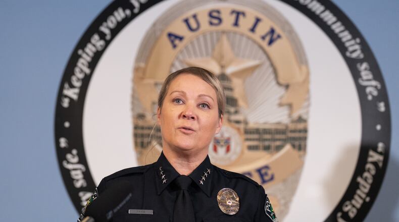 Police Chief Lisa Davis addresses the press regarding the West 6th Street mass shooting while at the Austin Police Department Headquarters in Austin, Monday, March 2, 2026. (Mikala Compton/The San Antonio Express-News via AP)