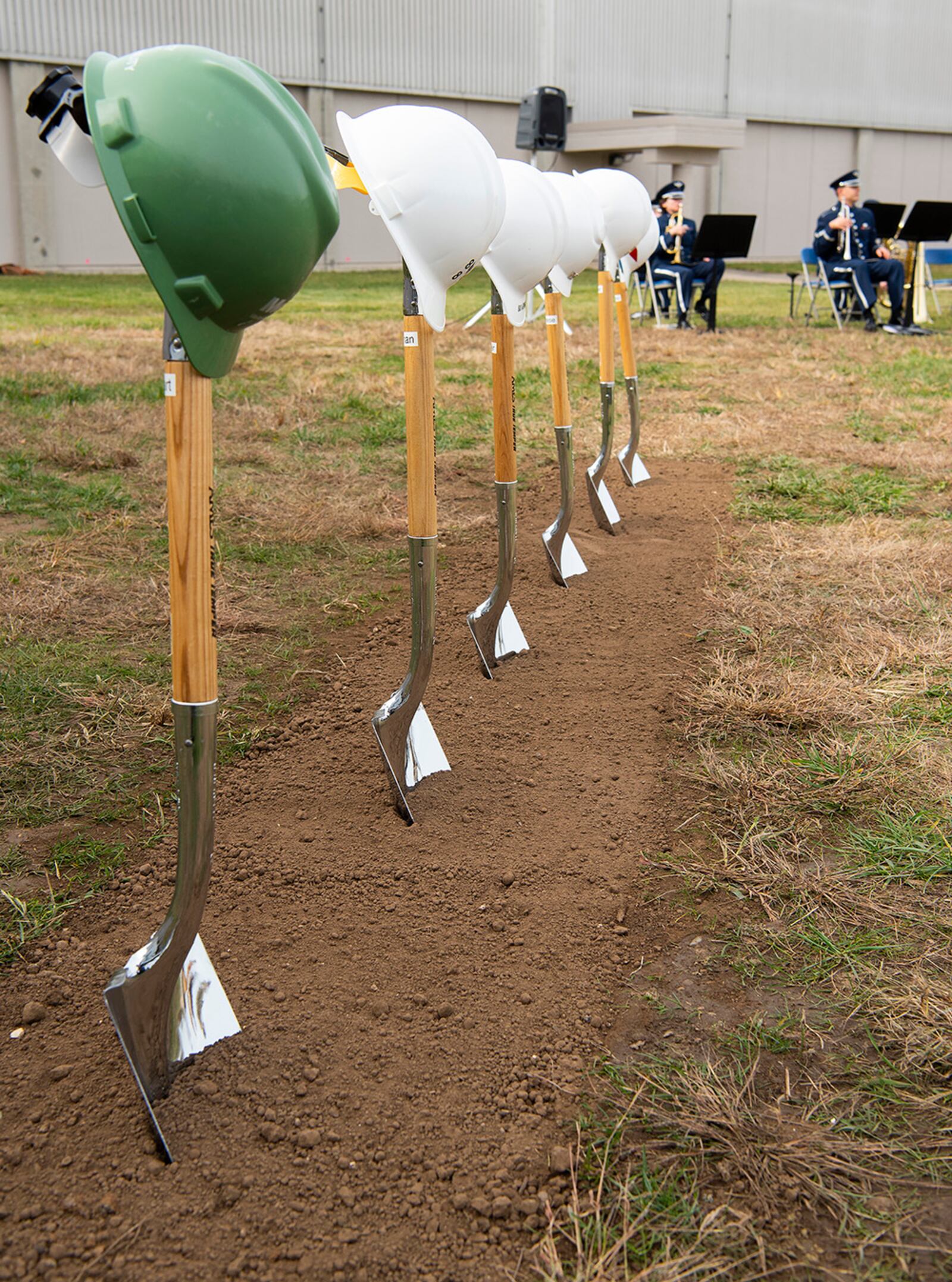A row of shovels and hardhats wait for the start of the National Air and Space Intelligence Center Intelligence Production Complex III groundbreaking ceremony in November 2020 on Wright-Patterson Air Force Base. The IPC III addition is designed to provide state-of-the-art laboratory and collaborative workspace. U.S. AIR FORCE PHOTO/R.J. ORIEZ