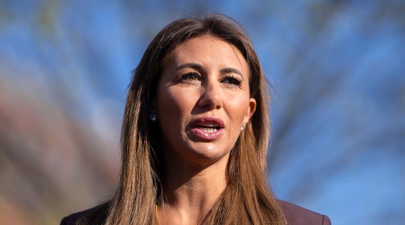 FILE - Alina Habba, President Donald Trump's pick to be the interim U.S. Attorney for New Jersey, speaks with reporters outside the White House, March 26, 2025, in Washington. (AP Photo/Mark Schiefelbein, File)