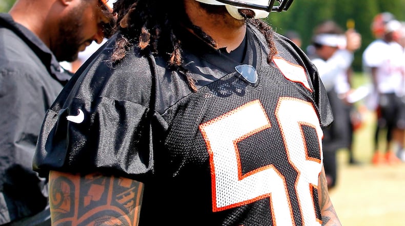 Cincinnati Bengals linebacker Rey Maualuga (58) participates in training camp Tuesday, Aug. 5, 2014, in downtown Cincinnati. NICK DAGGY / STAFF