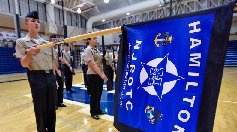 Members of Hamilton High School’s Navy Junior Reserve Officers Training Corps (NJROTC) arrive nearly two hours before school starts for training exercises. NICK GRAHAM/STAFF FILE 2016