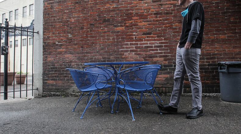 416 Dinner owner Guy Fragmin says that he will have limited seating on their outside patio on Fifth Street in the Oregon District. Fragmin plans to open his patio on Friday after the Governor opened outside service for restaurants and bars in Ohio. JIM NOELKER/STAFF