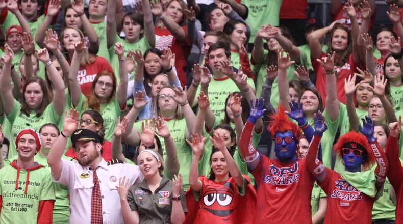 Dayton fans cheer during a game against Duquesne on Wednesday, Feb. 7, 2018, at UD Arena. David Jablonski/Staff