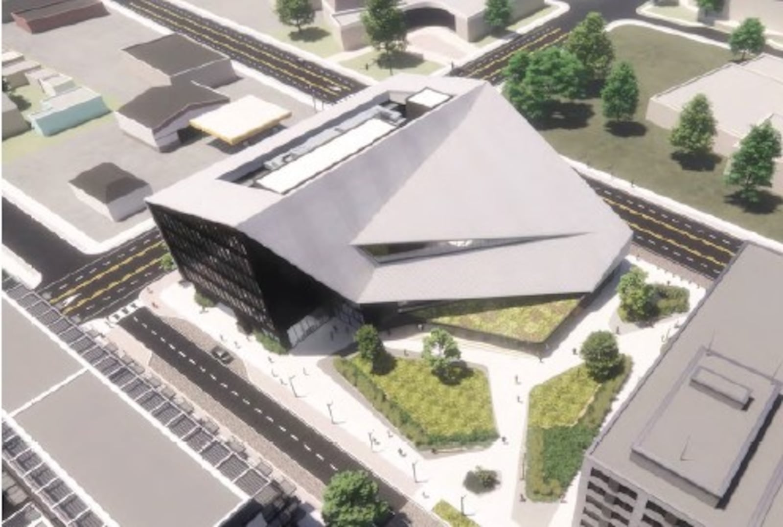 A rendering of the first proposed building for the onMain project on the former Montgomery County Fairgrounds site on South Main Street in Dayton. CONTRIBUTED BY NBBJ