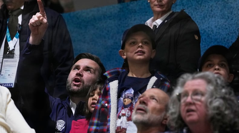 Vice President JD Vance visits a preliminary round match of women's ice hockey between United States and Czechia at the 2026 Winter Olympics, in Milan, Italy, Thursday, Feb. 5, 2026. (AP Photo/Petr David Josek)