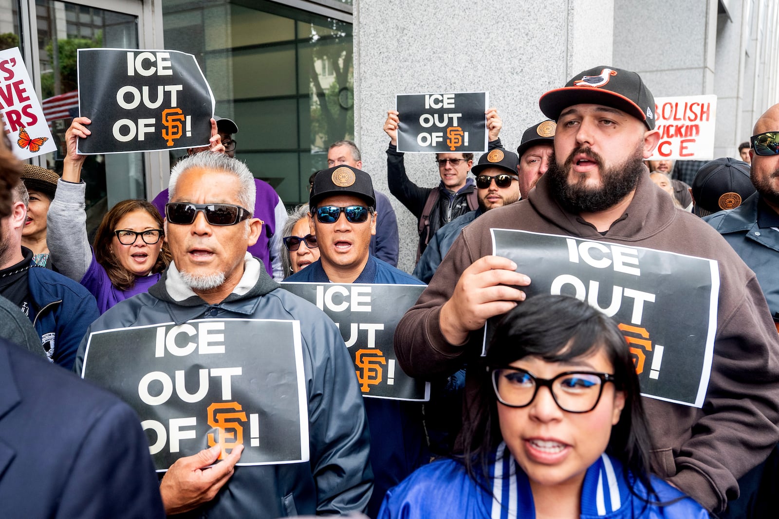 Union workers rally for David Huerta, the president of Service Employees International Union California, who was arrested during a Los Angeles protest, on Monday, June 9, 2025, in San Francisco. (AP Photo/Noah Berger)