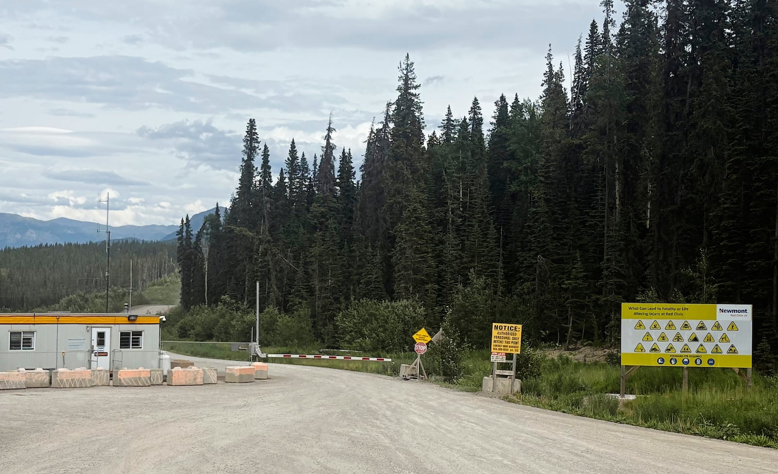 The security gate at the entrance to the Red Chris Mine near Iskut, British Columbia, is shown on Wednesday, July 23, 2025. (Dave Middleton/The Canadian Press via AP)