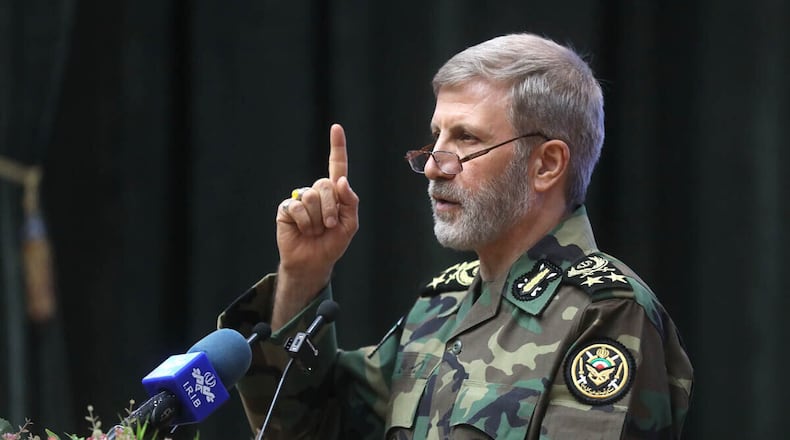 In this photograph released on Wednesday, Jan. 7, 2026, by the official website of the Iranian Army, Iran's army chief Maj. Gen. Amir Hatami speaks to military academy students, in Tehran, Iran. (Masoud Nazari Mehrabi/Iranian Army via AP)