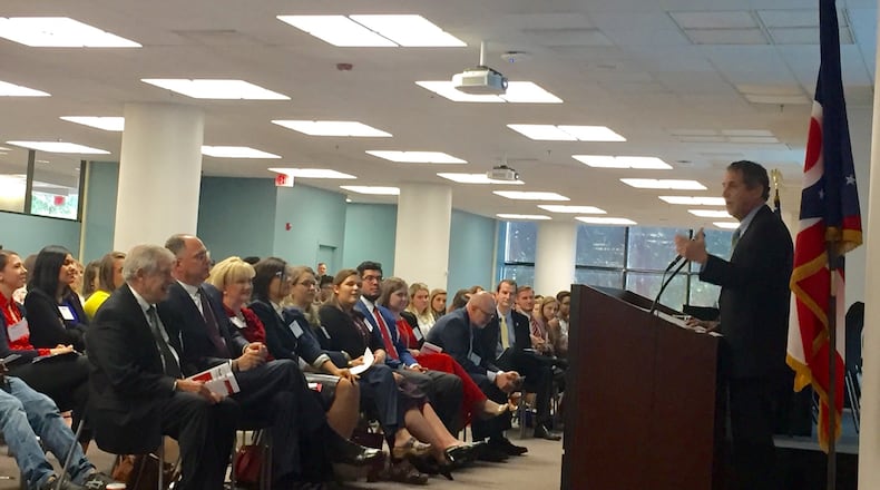 U.S. Sen. Sherrod Brown speaks to around 200 attendees at the Propel Ohio Collegiate Leadership Summit at the University of Dayton River Campus on Friday. Brown spoke to students about getting involved in public service and encouraged them to get involved in a presidential campaign of their choice. MAX FILBY / STAFF