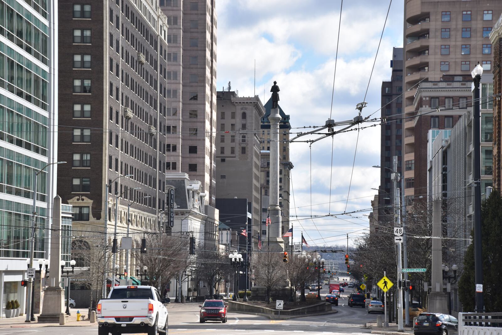 The city of Dayton plans to install new lighting at the Pvt. George Washington Fair monument, which is part of a plaza on an island located in the middle of North Main Street, between Monument Avenue and First Street. Lighting upgrades are being made on Main Street ahead of the NATO Parliamentary Assembly event in Dayton in late May. CORNELIUS FROLIK / STAFF