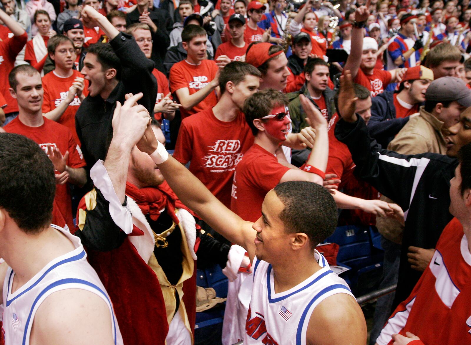 UD’s Brian Roberts greets the Flyers student section after beating Saint Joseph’s, 79-67, in their final regular season game Saturday, March 8, 2008. Staff photo by Chris Stewart