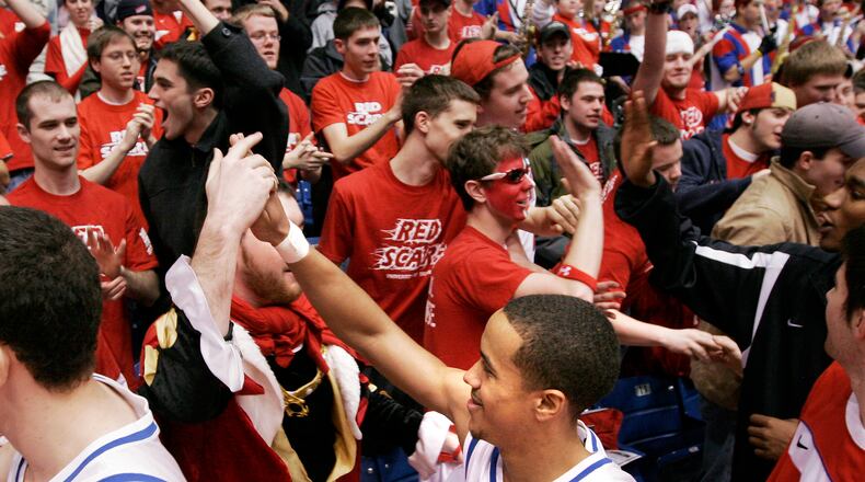 UD’s Brian Roberts greets the Flyers student section after beating Saint Joseph’s, 79-67, in their final regular season game Saturday, March 8, 2008. Staff photo by Chris Stewart