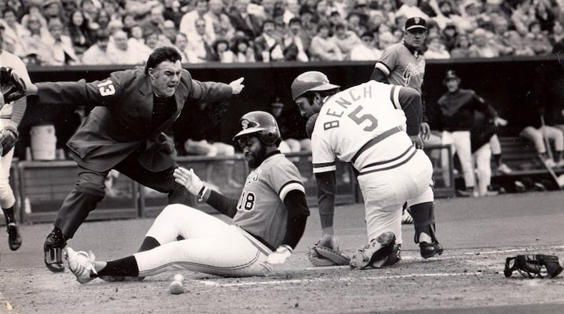 The opening day game for the Cincinnati Reds didn't go well against the San Francisco Giants in 1979. Johnny Bench missed a Ken Griffey throw to the plate that allowed Bill Madlock to score. DAYTON DAILY NEWS ARCHIVE
