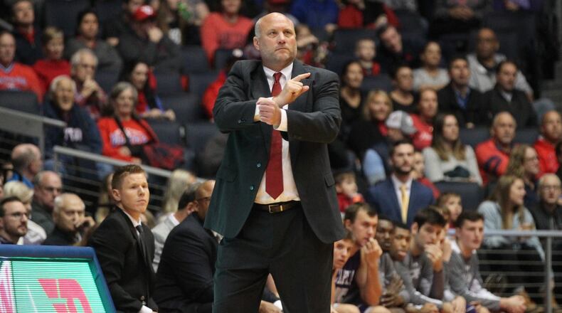 Capital’s Damon Goodwin coaches during an exhibition game against Dayton on Friday, Nov. 2, 2018, at UD Arena. David Jablonski/Staff