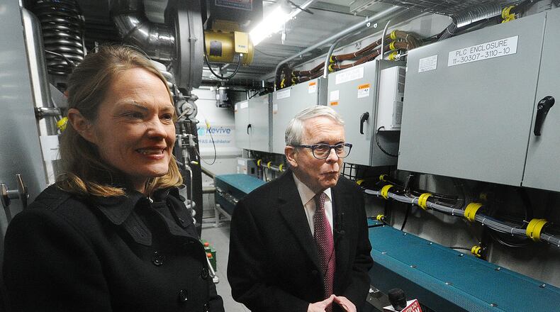 Ohio EPA director Anne Vogel and Ohio Gov.Mike DeWine visited Wright State University's Calamityville campus Monday, March 18, 2024 to officially launch Ohio's new statewide program to annihilate hazardous per- and polyfluoroalkyl substances (PFAS) in firefighting foam. MARSHALL GORBY\STAFF