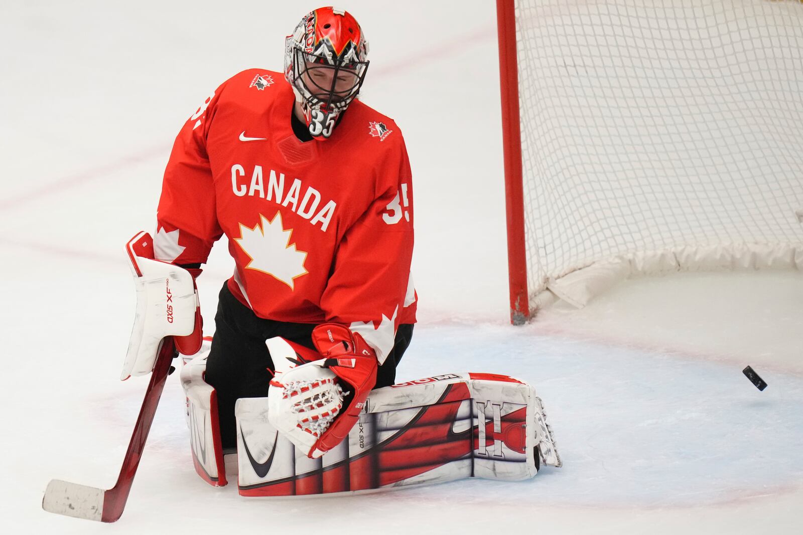 Ann-Renee Desbiens of Canada fails to make a save during the group A match between United States and Canada at the Women's Ice Hockey Championships in Ceske Budejovice, Czech Republic, Sunday, April 13, 2025. (AP Photo/Petr David Josek)