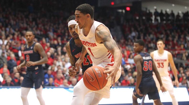 Dayton’s Obi Toppin dribbles to the basket against Duquesne on Saturday, Feb. 2, 2019, at UD Arena. David Jablonski/Staff