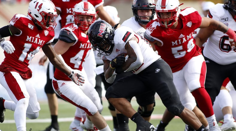 OXFORD, OHIO - OCTOBER 19: Tre Harbison #22 of the Northern Illinois Huskies runs the ball in the game against the Miami of Ohio Redhawks during the second quarter at Yager Stadium on October 19, 2019 in Oxford, Ohio. (Photo by Justin Casterline/Getty Images)