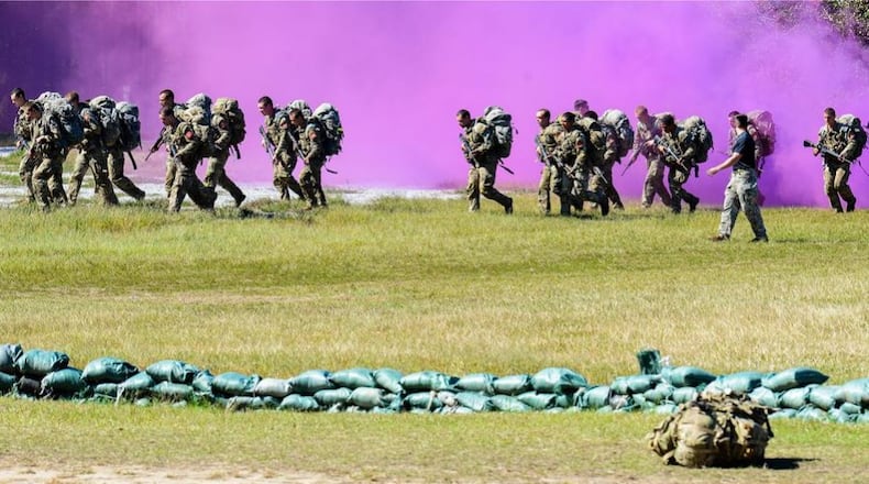 Soldiers in the Army’s Ranger Selection and Assessment Program 1 course at Fort Moore train on the Georgia installation’s Cole Range on Oct. 25, 2023 as they attempt to earn spots in the elite 75th Ranger Regiment. (Corey Dickstein/Stars and Stripes)