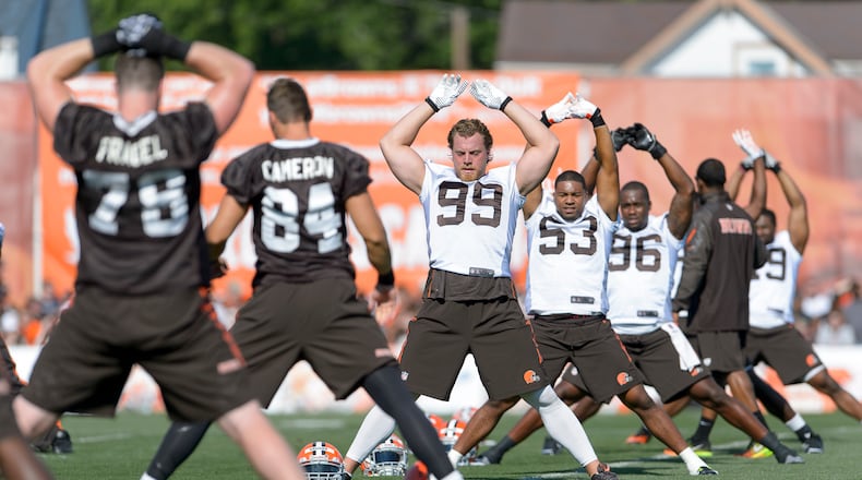 BEREA, OH - JULY 26: Cleveland Browns players stretch during training camp at the Cleveland Browns training facility on July 26, 2014 in Berea, Ohio. (Photo by Jason Miller/Getty Images)