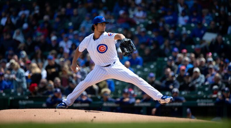 Chicago Cubs starting pitcher Yu Darvish throws during the first inning against the Milwaukee Brewers on Friday, April 27, 2018, at Wrigley Field in Chicago, Ill.  (Erin Hooley/Chicago Tribune/TNS)