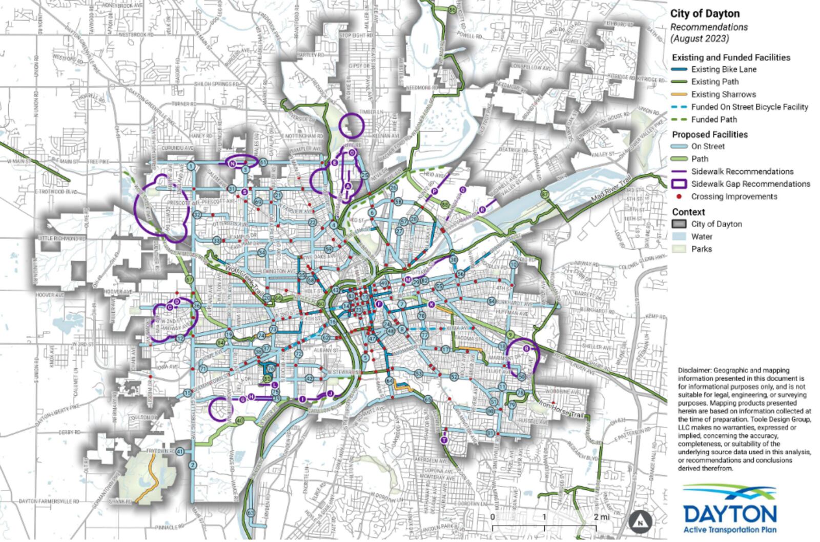 Dayton's Active Transportation Plan calls for infrastructure improvements including 252 intersection upgrades and adding 124 miles of on-street bikeways, 12 miles of shared-use paths and 10 miles of sidewalks. CONTRIBUTED