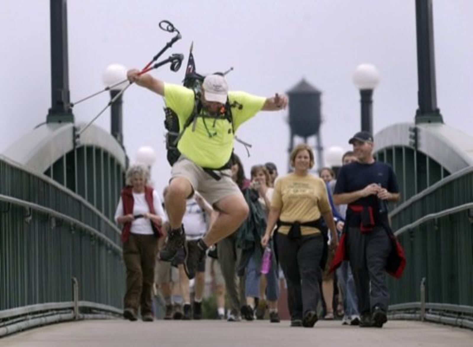 Andy Niekamp of Kettering returned to Deeds Point Park in Dayton Wednesday June 15 after a four month long trek on the Buckeye Trail hiking more than 1,400 miles. Niekamp started his journey at the statue of Orville and Wilbur Wright located at the park and returned to the same spot for the finish.