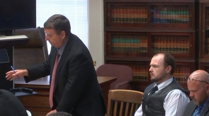 George Wagner IV, middle, is seen in court with his attorneys Wed., Sept. 14, 2022. Wagner is on trial for charges of murder in the deaths of eight members of the Rhoden family in Pike County, Ohio in 2016. WCPO/CONTRIBUTED