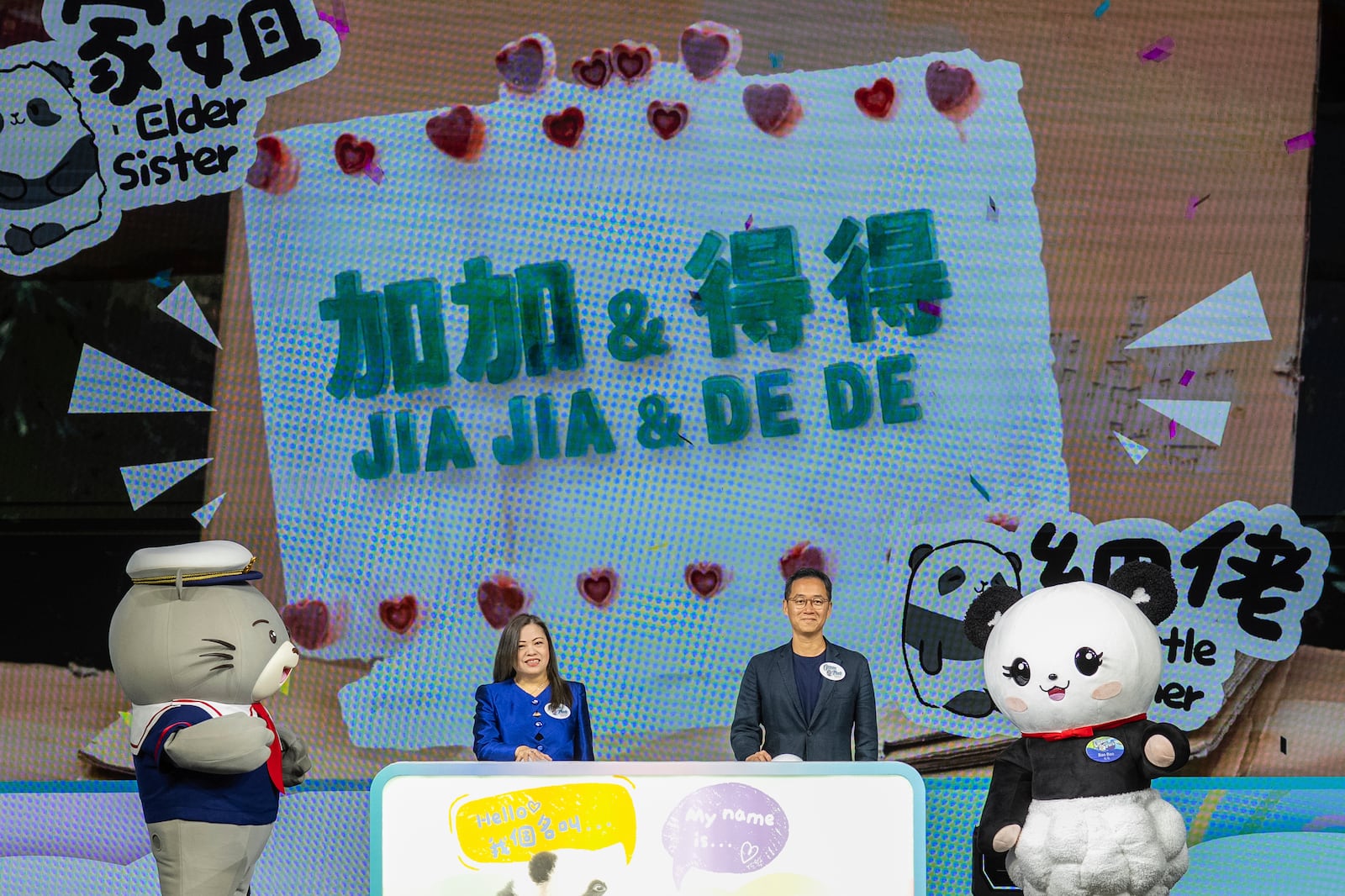 The name of the Hong Kong-born giant panda twin cubs Jia Jia and De De are displayed on the screen as Rosanna Law, secretary for Culture, Sports and Tourism of Hong Kong, left and Paulo Pong, chairman of the Ocean Park attend the naming ceremony in Hong Kong, Tuesday, May 27, 2025. (AP Photo/Chan Long Hei)