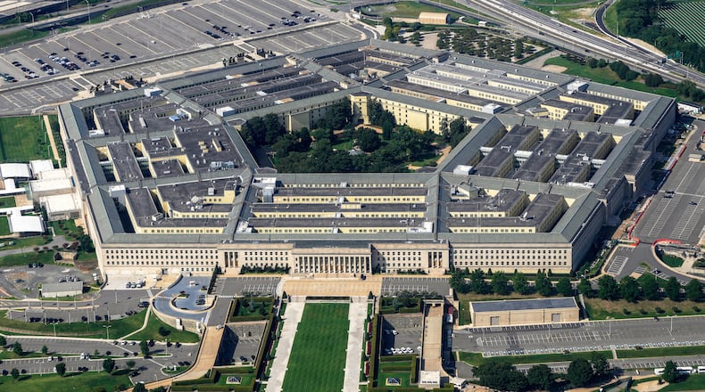 FILE - The Pentagon is viewed from the window of an airplane Aug. 27, 2023, in Washington. (AP Photo/Carolyn Kaster, File)