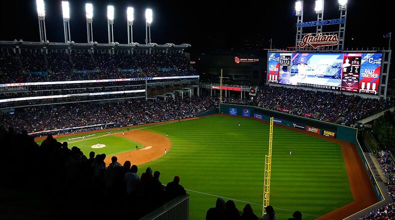 CLEVELAND, OH - OCTOBER 26: A general view of Progressive Field during the third inning in Game Two of the 2016 World Series between the Chicago Cubs and the Cleveland Indians on October 26, 2016 in Cleveland, Ohio. (Photo by Jamie Squire/Getty Images)