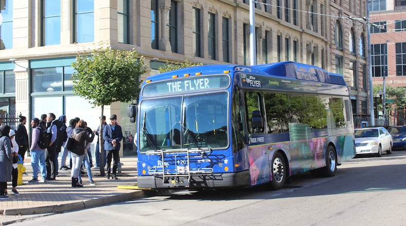 The Greater Dayton Regional Transit Authority’s new free shuttle service, called the Flyer, will launch Nov. 9. The service will make getting around downtown a lot easier, as well as and traveling between the University of Dayton and the heart of the city. CORNELIUS FROLIK / STAFF